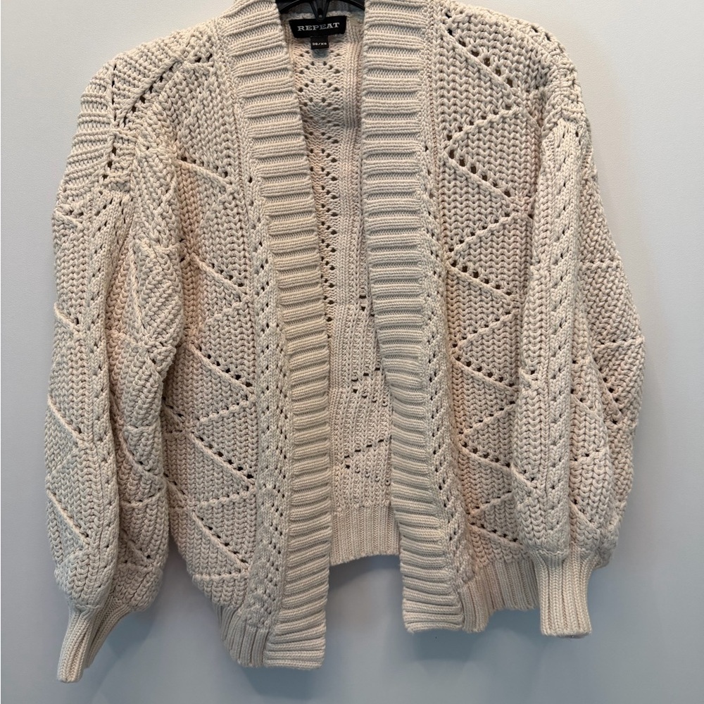 REPEAT Cream Chunky Open Knit Diamond Pointelle Cardigan (Luxury European Brand)
